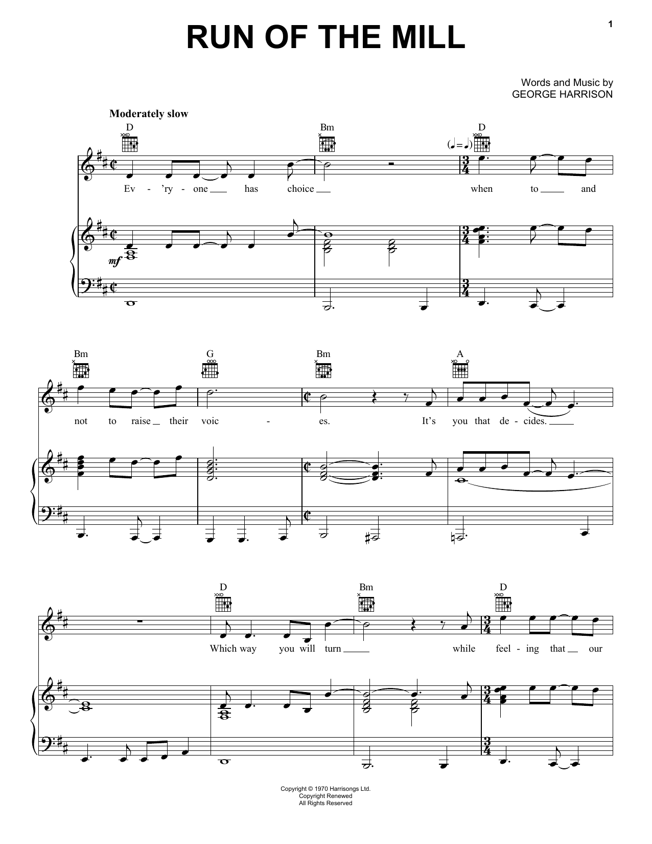 George Harrison Run Of The Mill sheet music notes and chords arranged for Piano, Vocal & Guitar Chords (Right-Hand Melody)