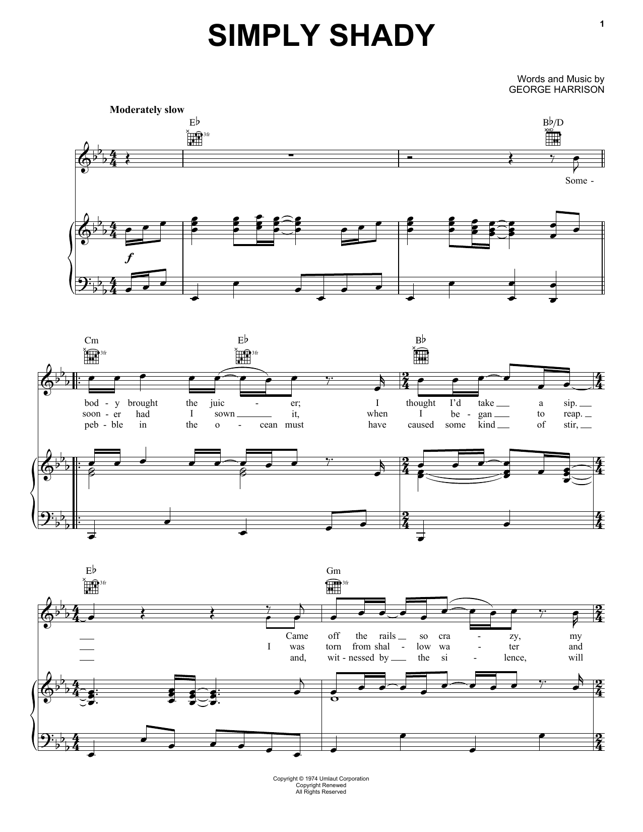 George Harrison Simply Shady sheet music notes and chords arranged for Piano, Vocal & Guitar Chords (Right-Hand Melody)