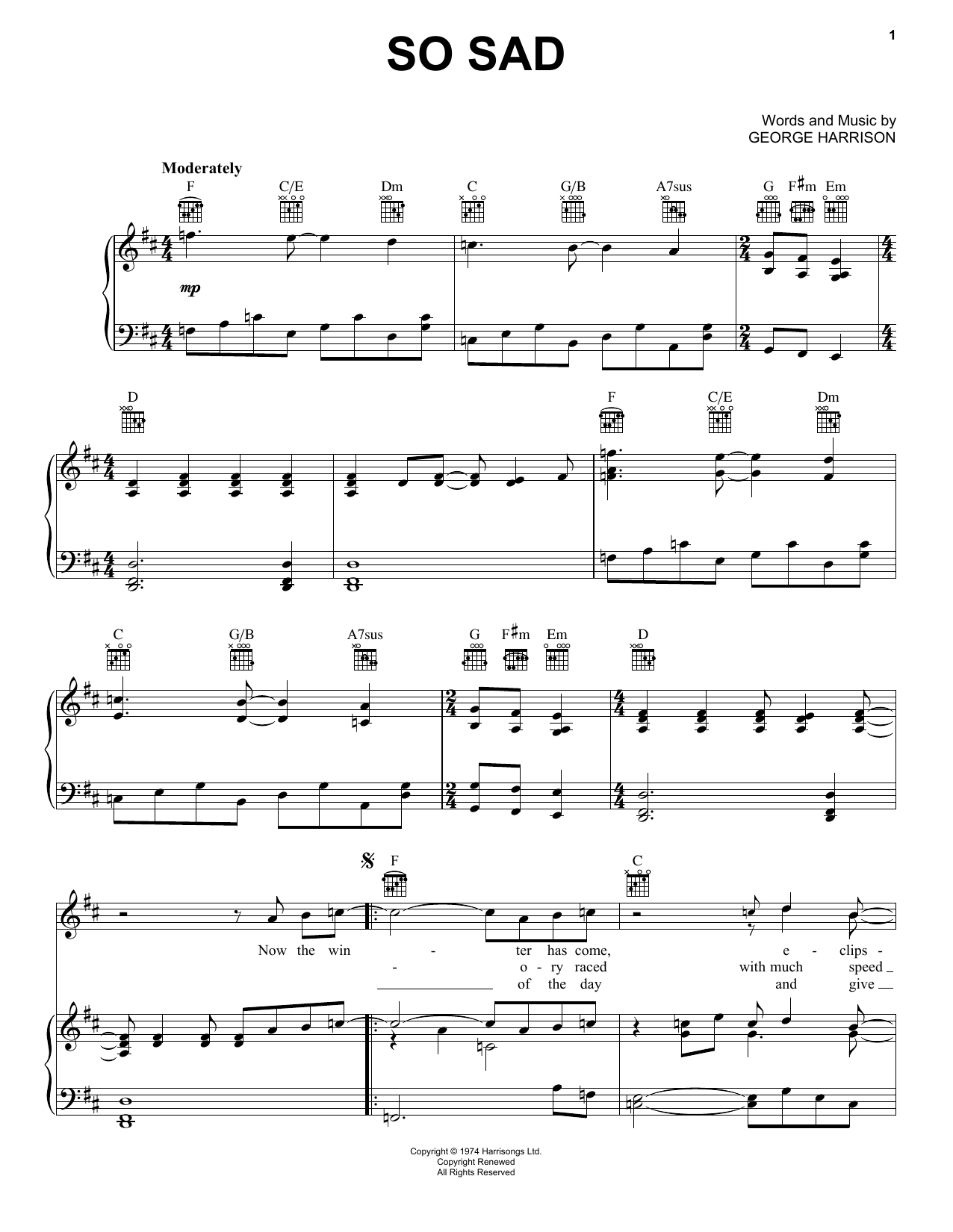 George Harrison So Sad sheet music notes and chords arranged for Piano, Vocal & Guitar Chords (Right-Hand Melody)