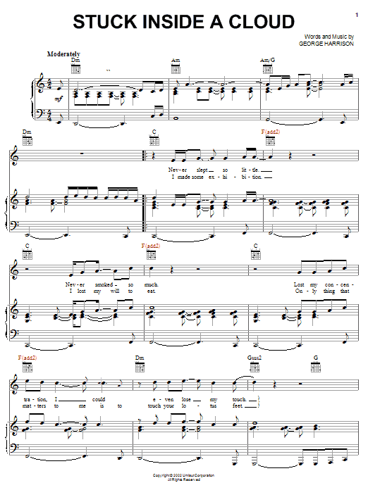 George Harrison Stuck Inside A Cloud sheet music notes and chords arranged for Piano, Vocal & Guitar Chords (Right-Hand Melody)