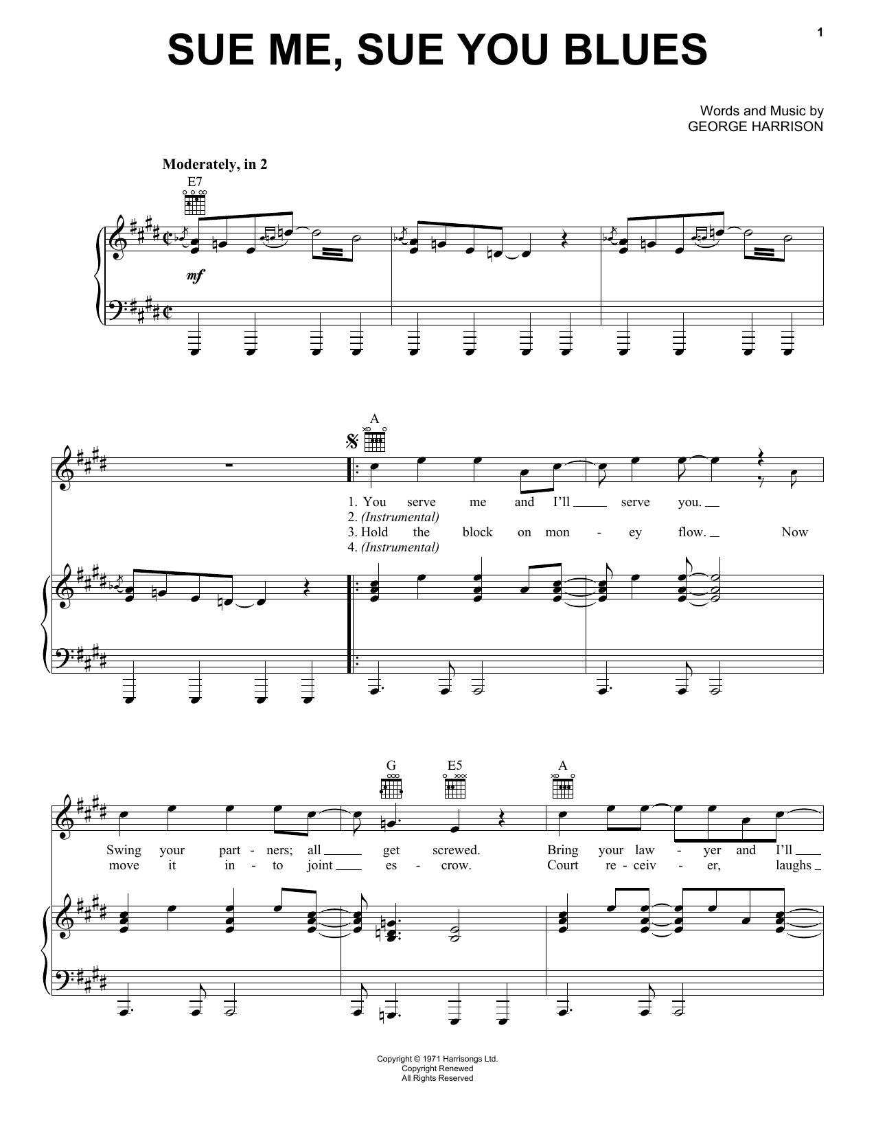 George Harrison Sue Me, Sue You Blues sheet music notes and chords arranged for Piano, Vocal & Guitar Chords (Right-Hand Melody)