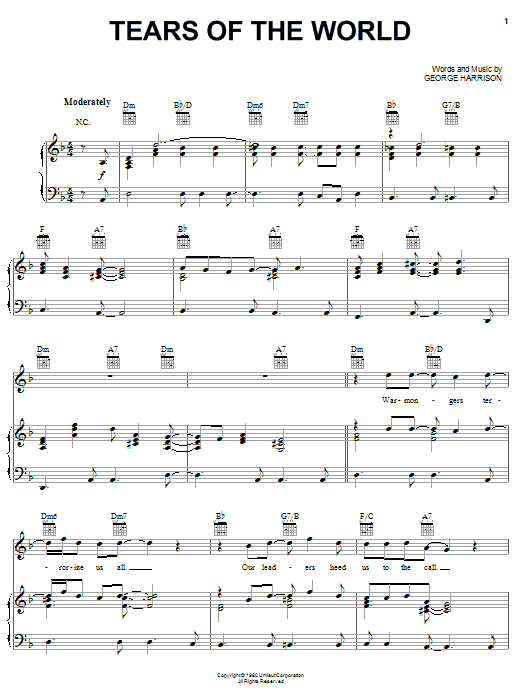 George Harrison Tears Of The World sheet music notes and chords arranged for Piano, Vocal & Guitar Chords (Right-Hand Melody)