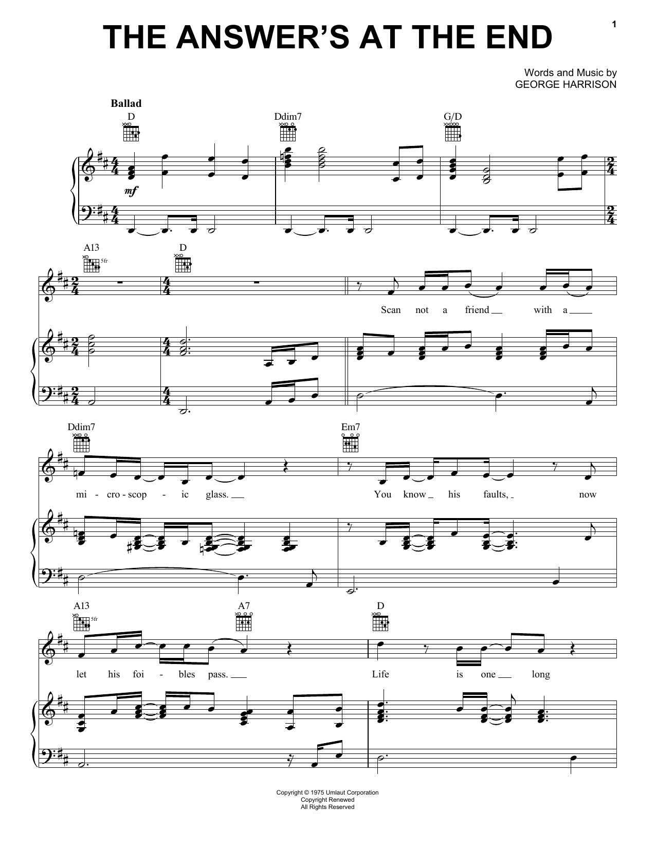 George Harrison The Answer's At The End sheet music notes and chords arranged for Piano, Vocal & Guitar Chords (Right-Hand Melody)