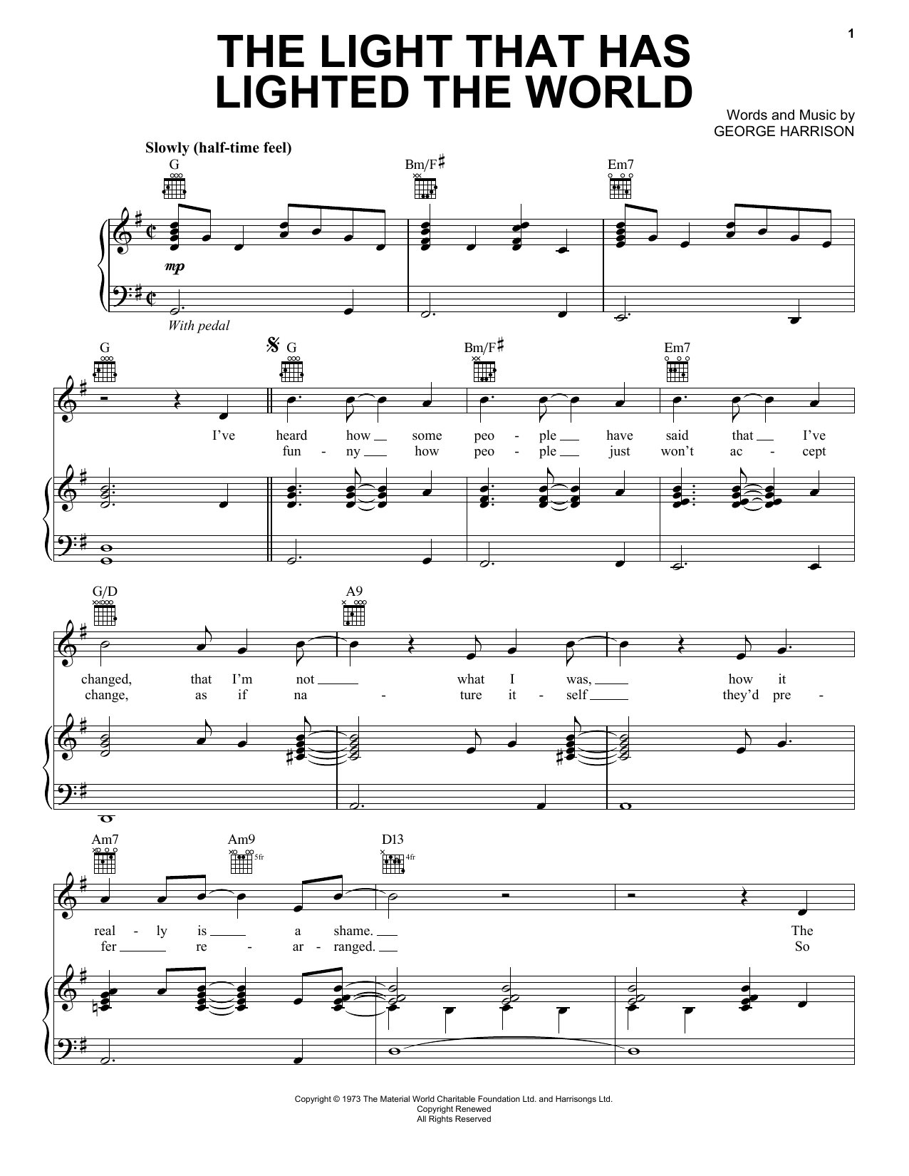 George Harrison The Light That Has Lighted The World sheet music notes and chords arranged for Piano, Vocal & Guitar Chords (Right-Hand Melody)