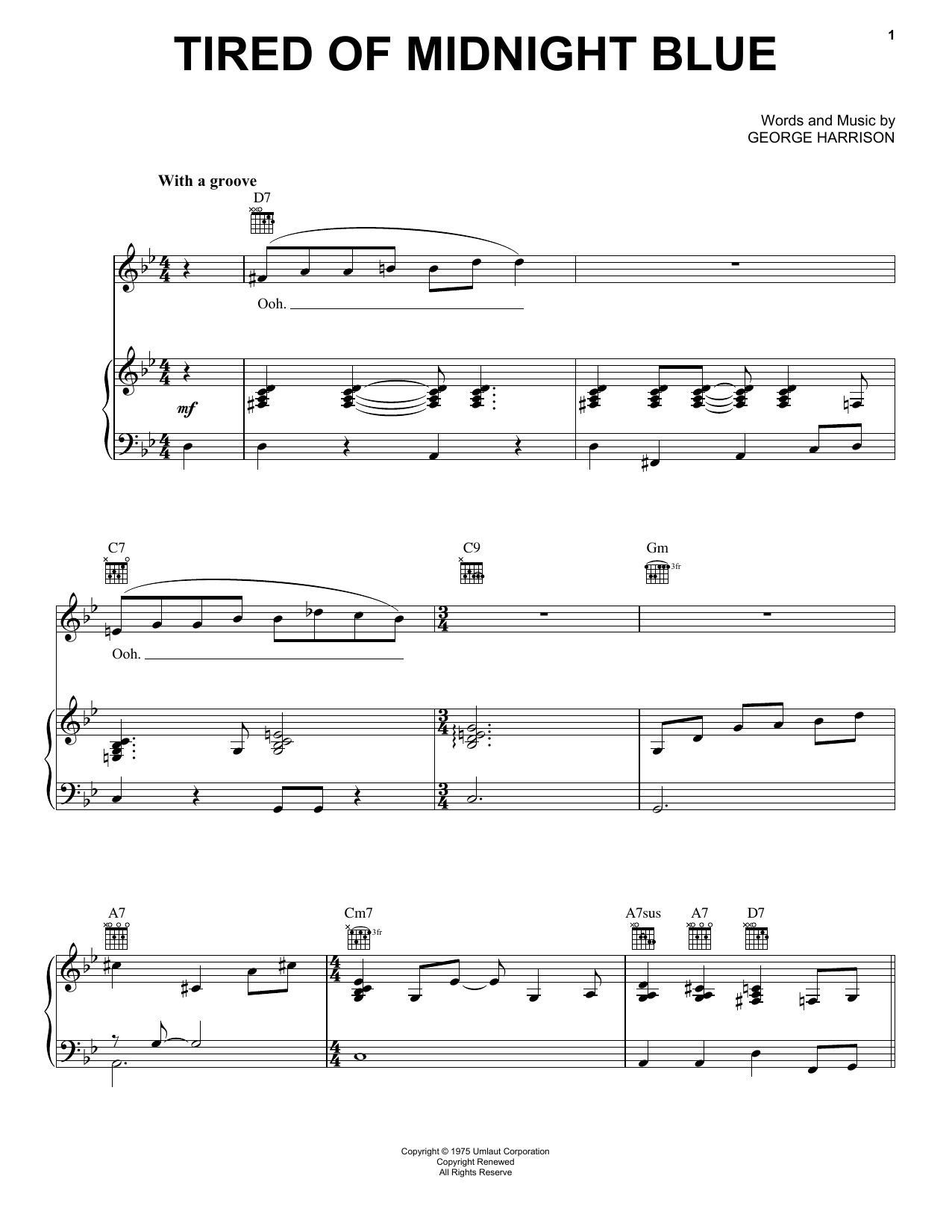 George Harrison Tired Of Midnight Blue sheet music notes and chords arranged for Piano, Vocal & Guitar Chords (Right-Hand Melody)