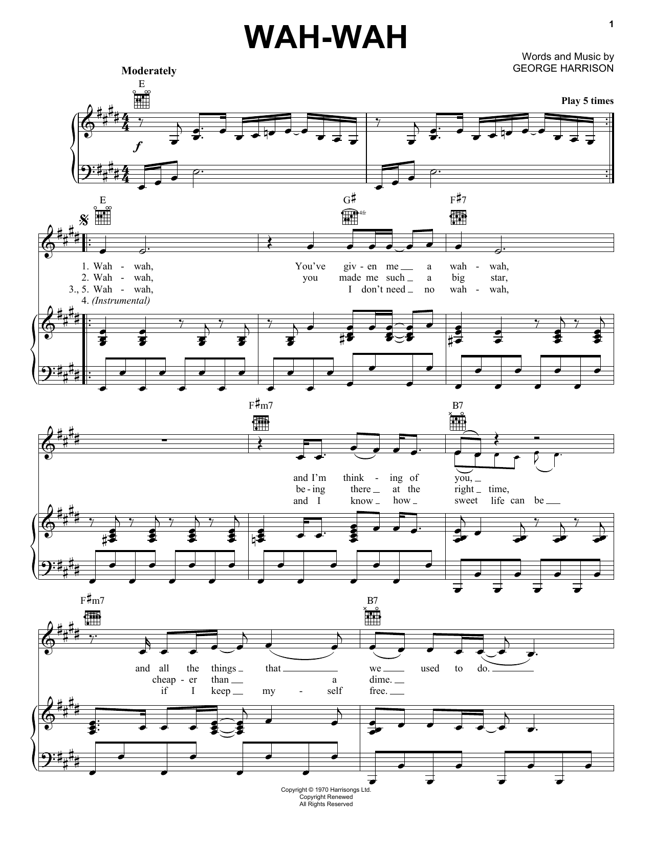 George Harrison Wah-wah sheet music notes and chords arranged for Piano, Vocal & Guitar Chords (Right-Hand Melody)