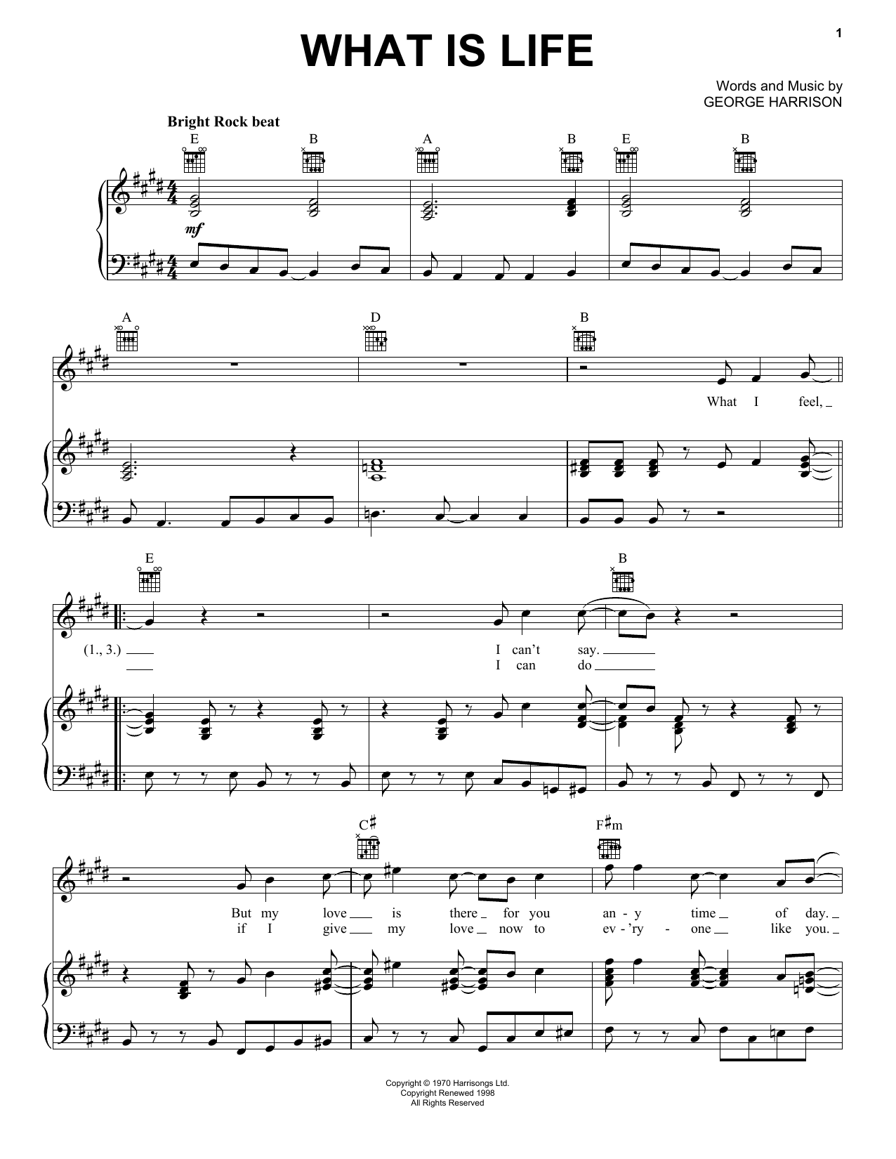 George Harrison What Is Life sheet music notes and chords arranged for Piano, Vocal & Guitar Chords (Right-Hand Melody)