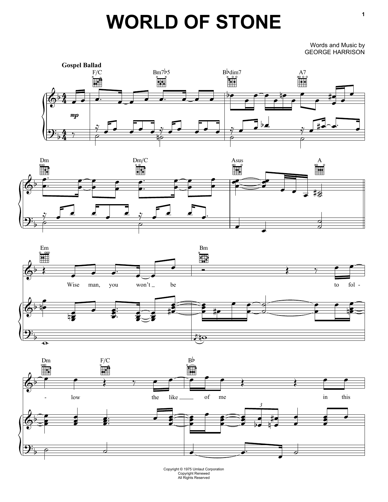 George Harrison World Of Stone sheet music notes and chords arranged for Piano, Vocal & Guitar Chords (Right-Hand Melody)