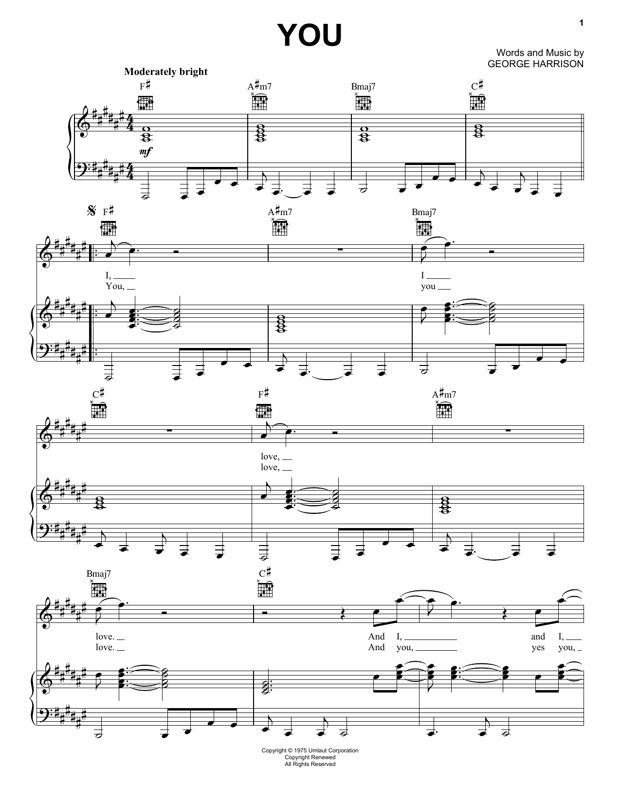 George Harrison You sheet music notes and chords arranged for Piano, Vocal & Guitar Chords (Right-Hand Melody)