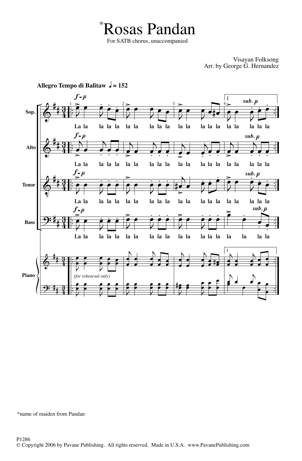 George Hernandez Rosas Pandan sheet music notes and chords arranged for SATB Choir