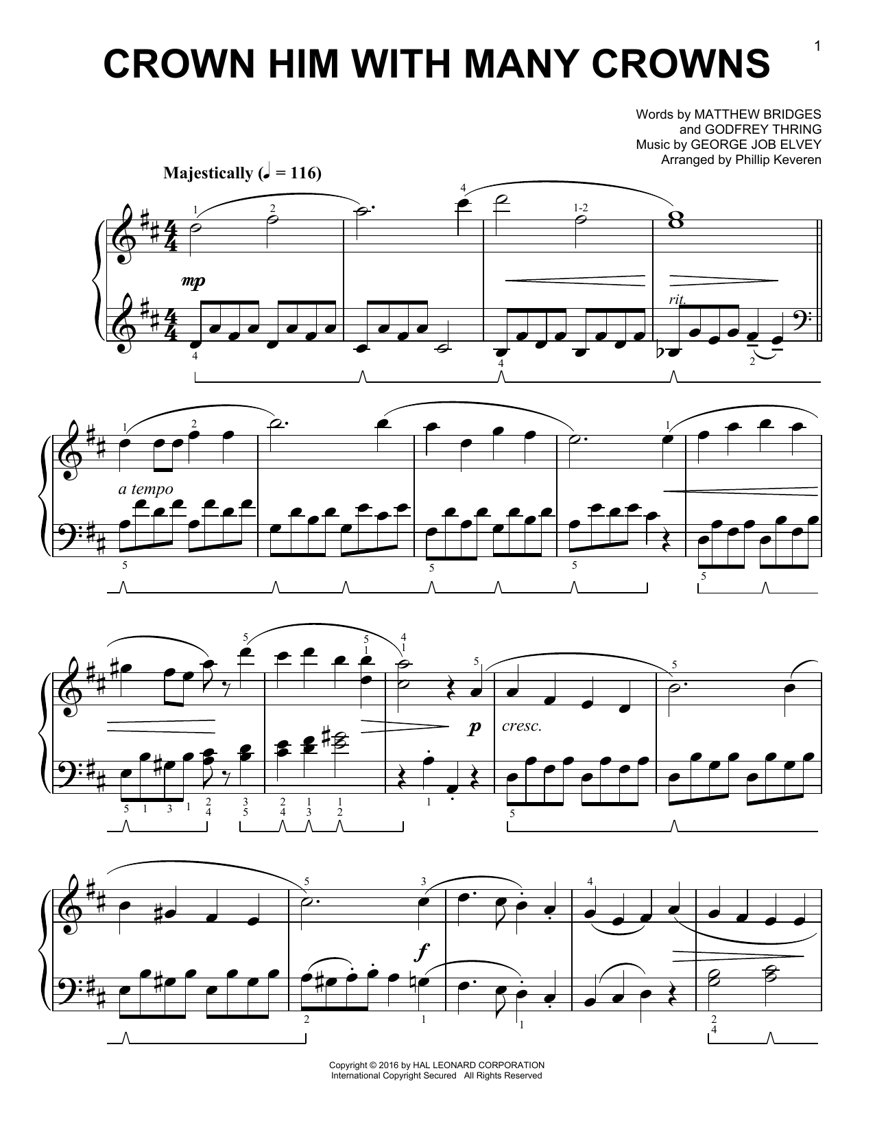 George Job Elvey Crown Him With Many Crowns [Classical version] (arr. Phillip Keveren) sheet music notes and chords arranged for Easy Piano