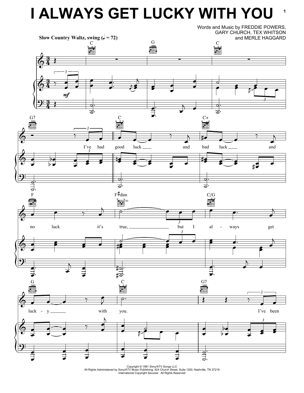 George Jones I Always Get Lucky With You sheet music notes and chords arranged for Piano, Vocal & Guitar Chords (Right-Hand Melody)