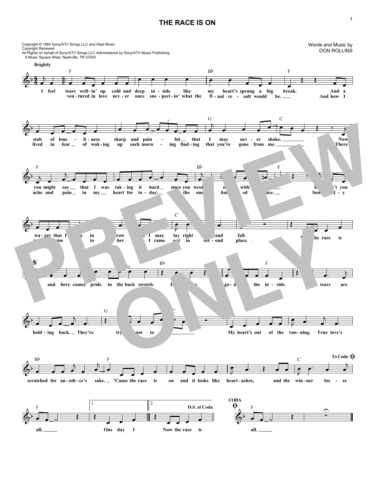 George Jones The Race Is On sheet music notes and chords arranged for Lead Sheet / Fake Book