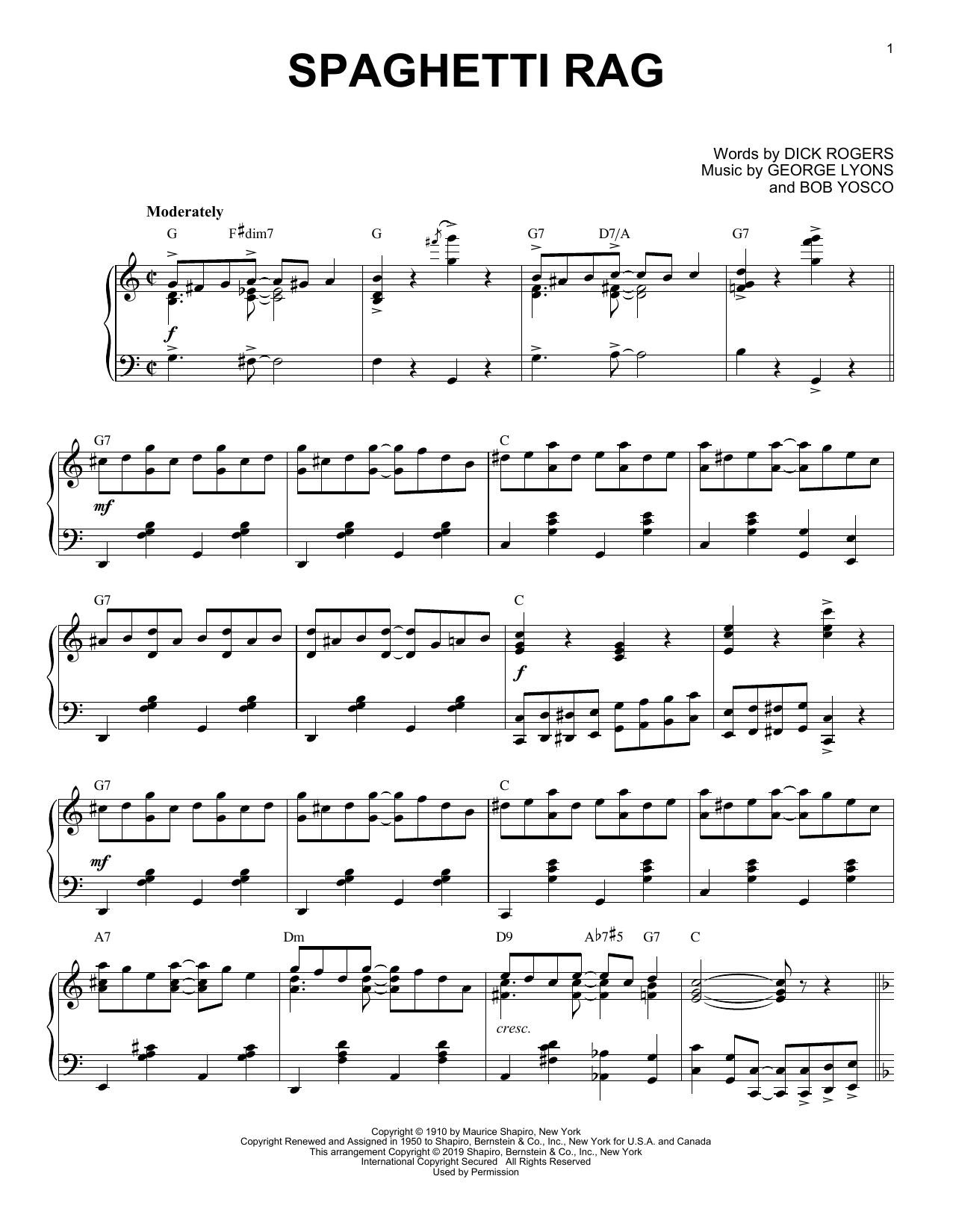 George Lyons and Bob Yosco Spaghetti Rag [Jazz version] sheet music notes and chords arranged for Piano Solo