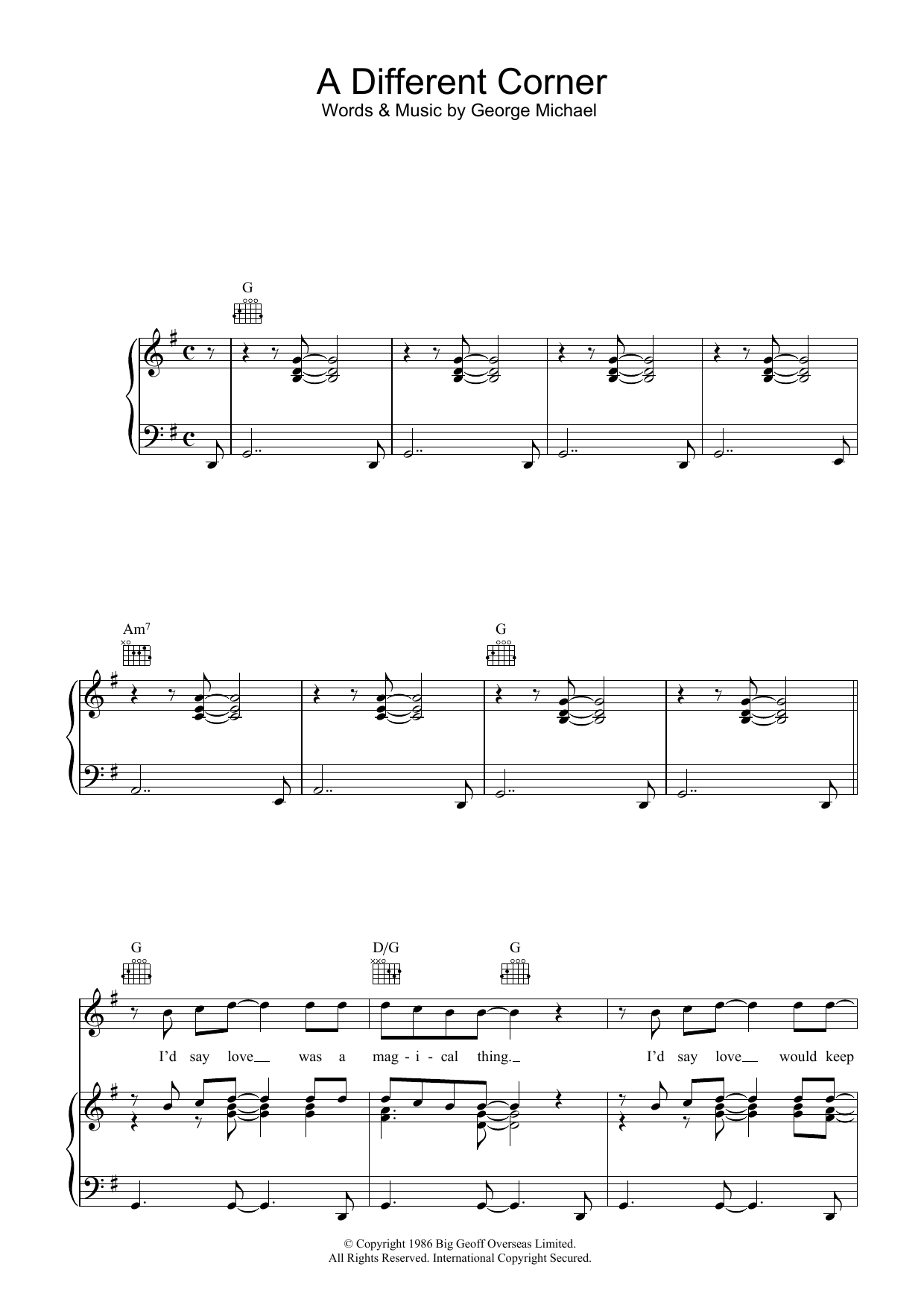 George Michael A Different Corner sheet music notes and chords arranged for Piano, Vocal & Guitar Chords