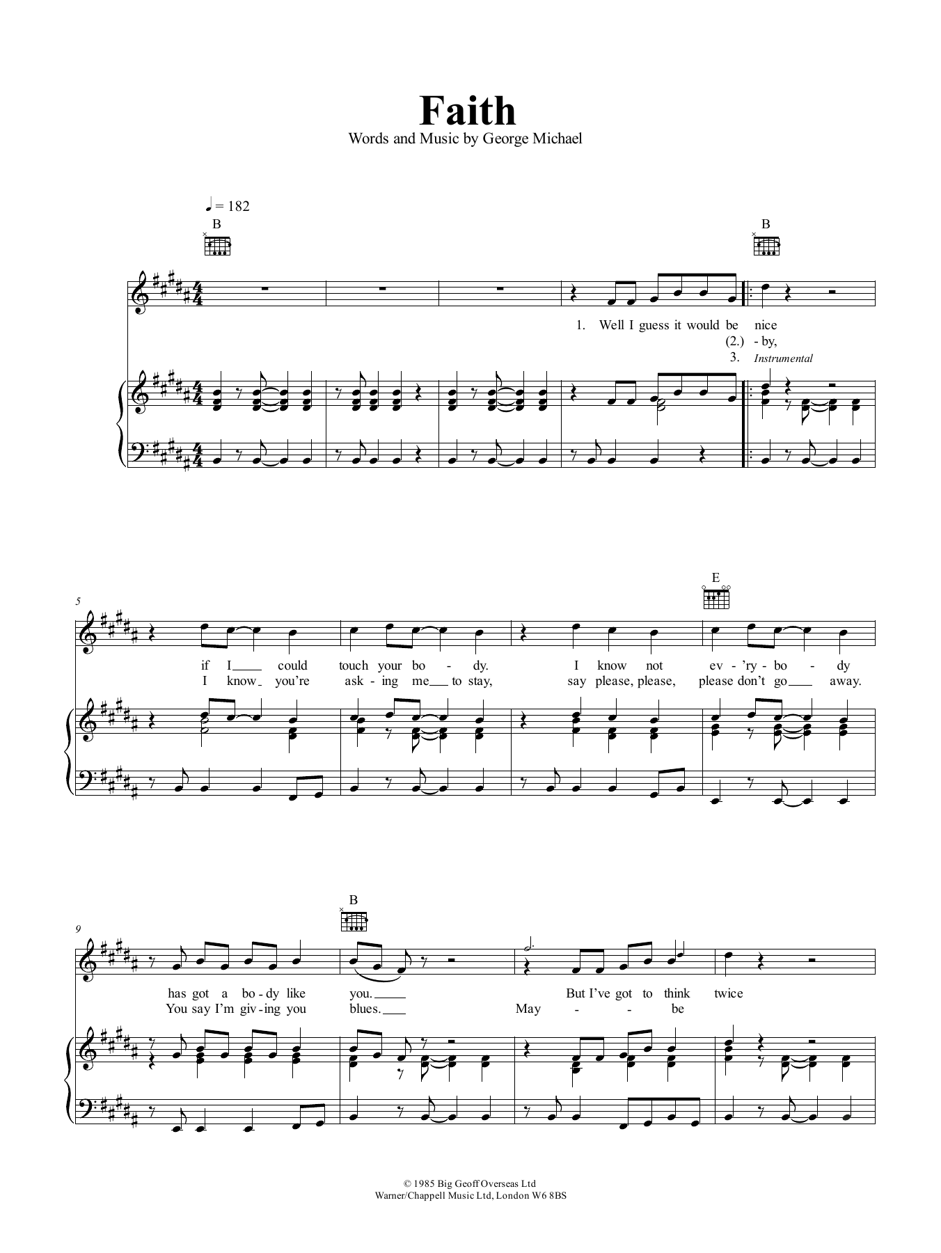 George Michael Faith sheet music notes and chords arranged for Piano, Vocal & Guitar Chords (Right-Hand Melody)