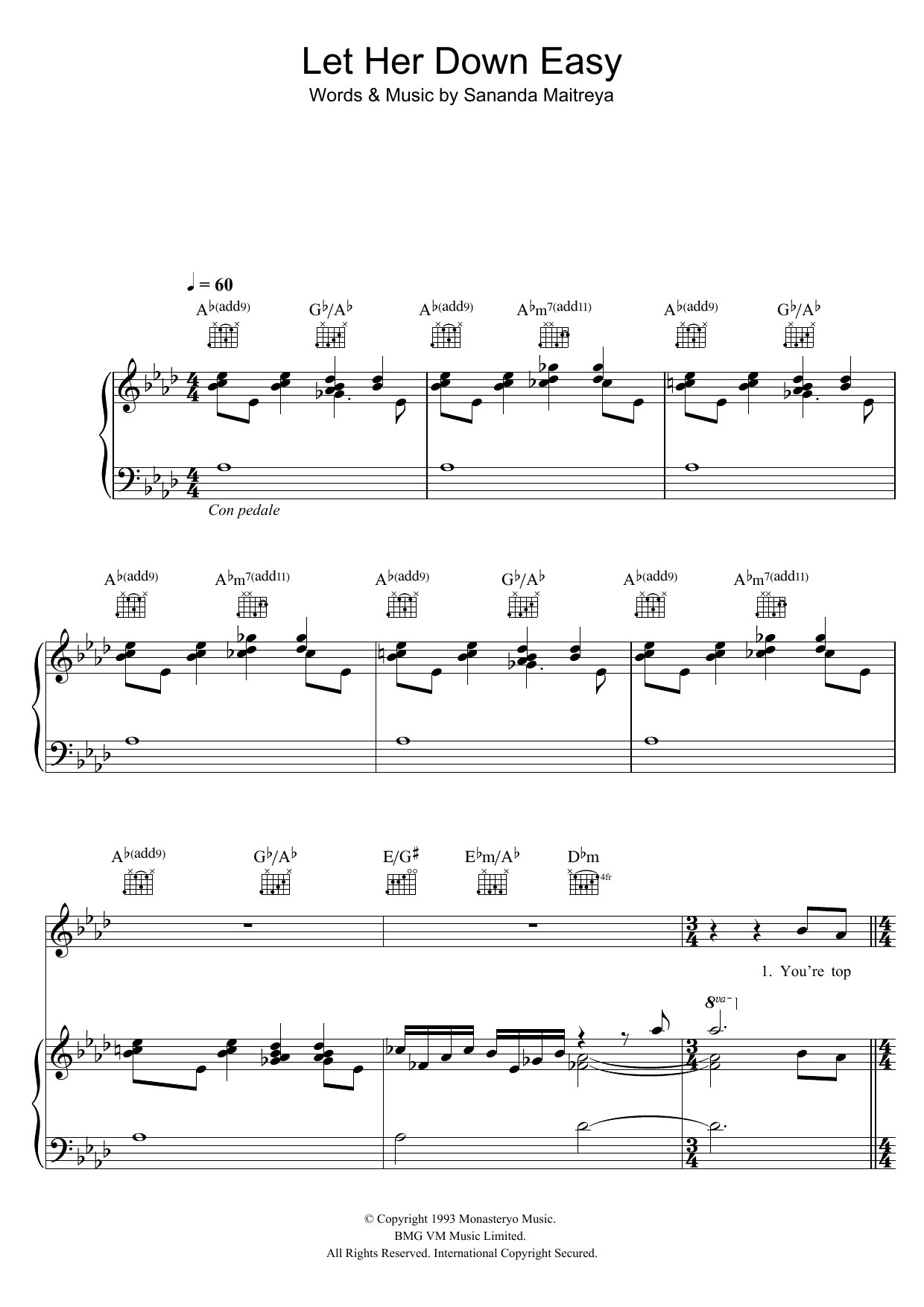 George Michael Let Her Down Easy sheet music notes and chords arranged for Piano, Vocal & Guitar Chords