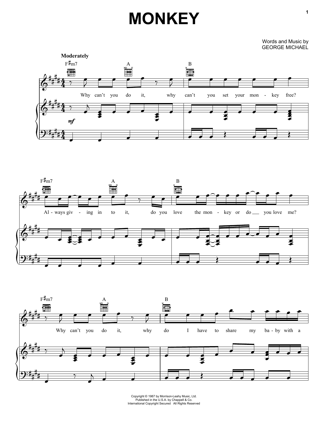 George Michael Monkey sheet music notes and chords arranged for Piano, Vocal & Guitar Chords (Right-Hand Melody)