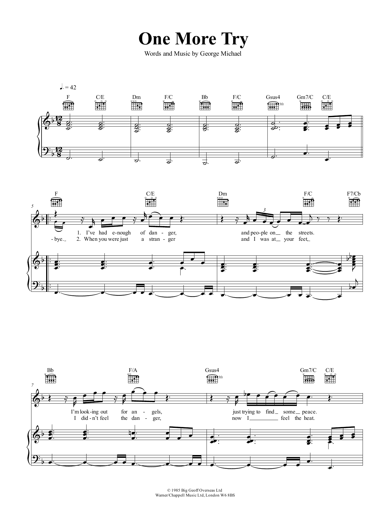George Michael One More Try sheet music notes and chords arranged for Piano, Vocal & Guitar Chords (Right-Hand Melody)