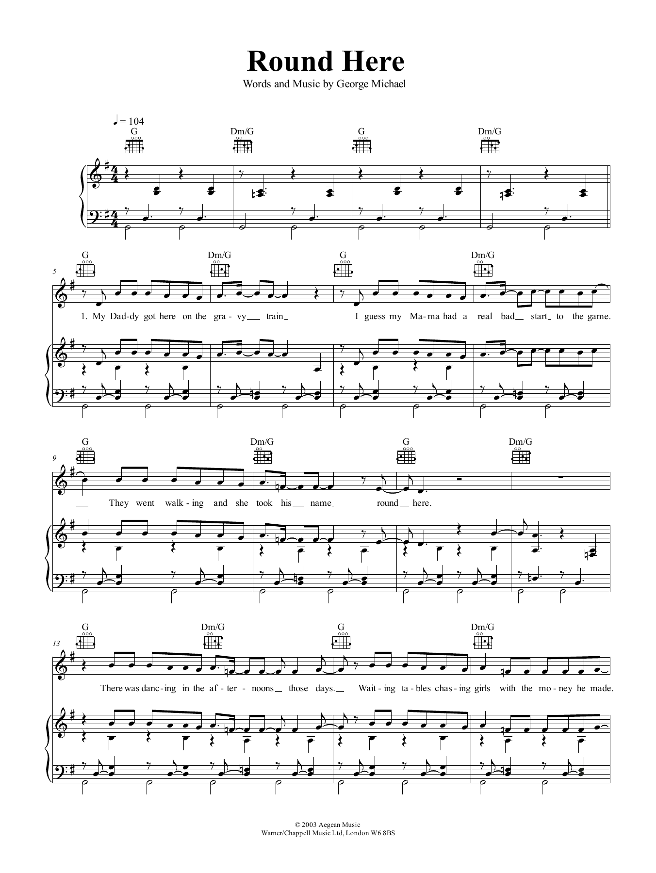 George Michael Round Here sheet music notes and chords arranged for Piano, Vocal & Guitar Chords (Right-Hand Melody)