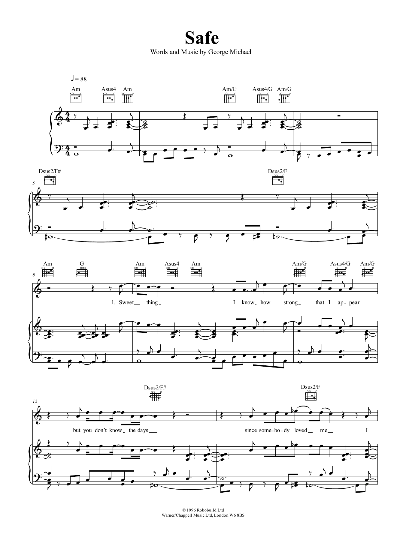 George Michael Safe sheet music notes and chords arranged for Piano, Vocal & Guitar Chords (Right-Hand Melody)