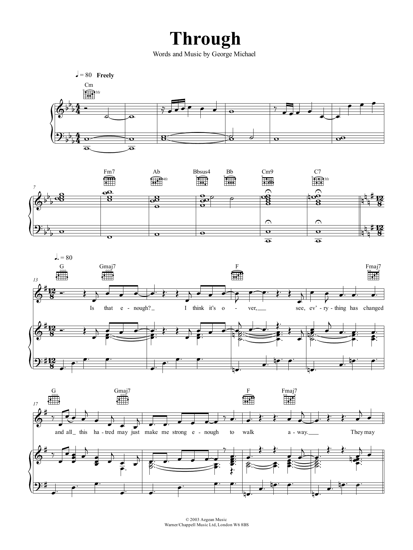 George Michael Through sheet music notes and chords arranged for Piano, Vocal & Guitar Chords (Right-Hand Melody)