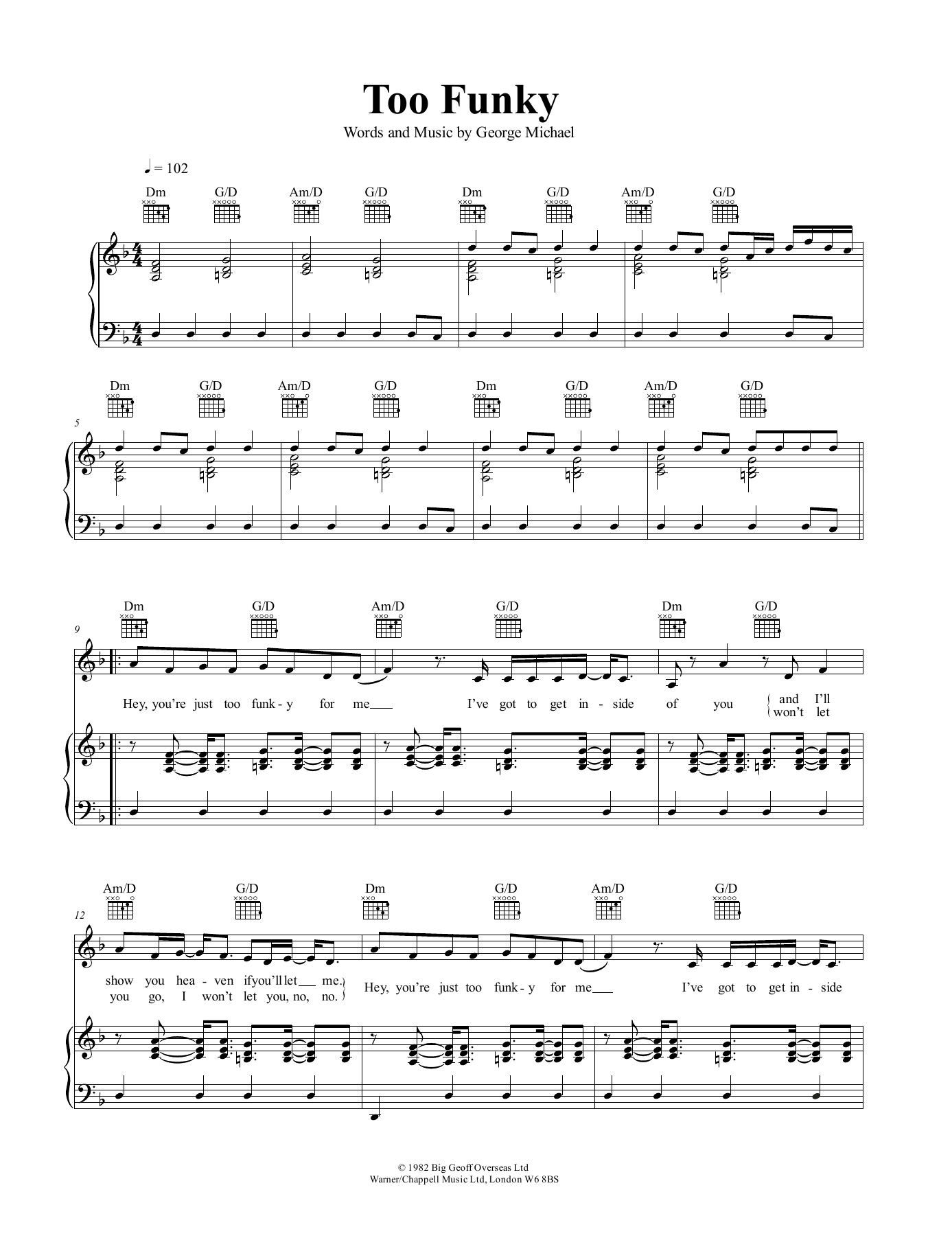 George Michael Too Funky sheet music notes and chords arranged for Piano, Vocal & Guitar Chords (Right-Hand Melody)