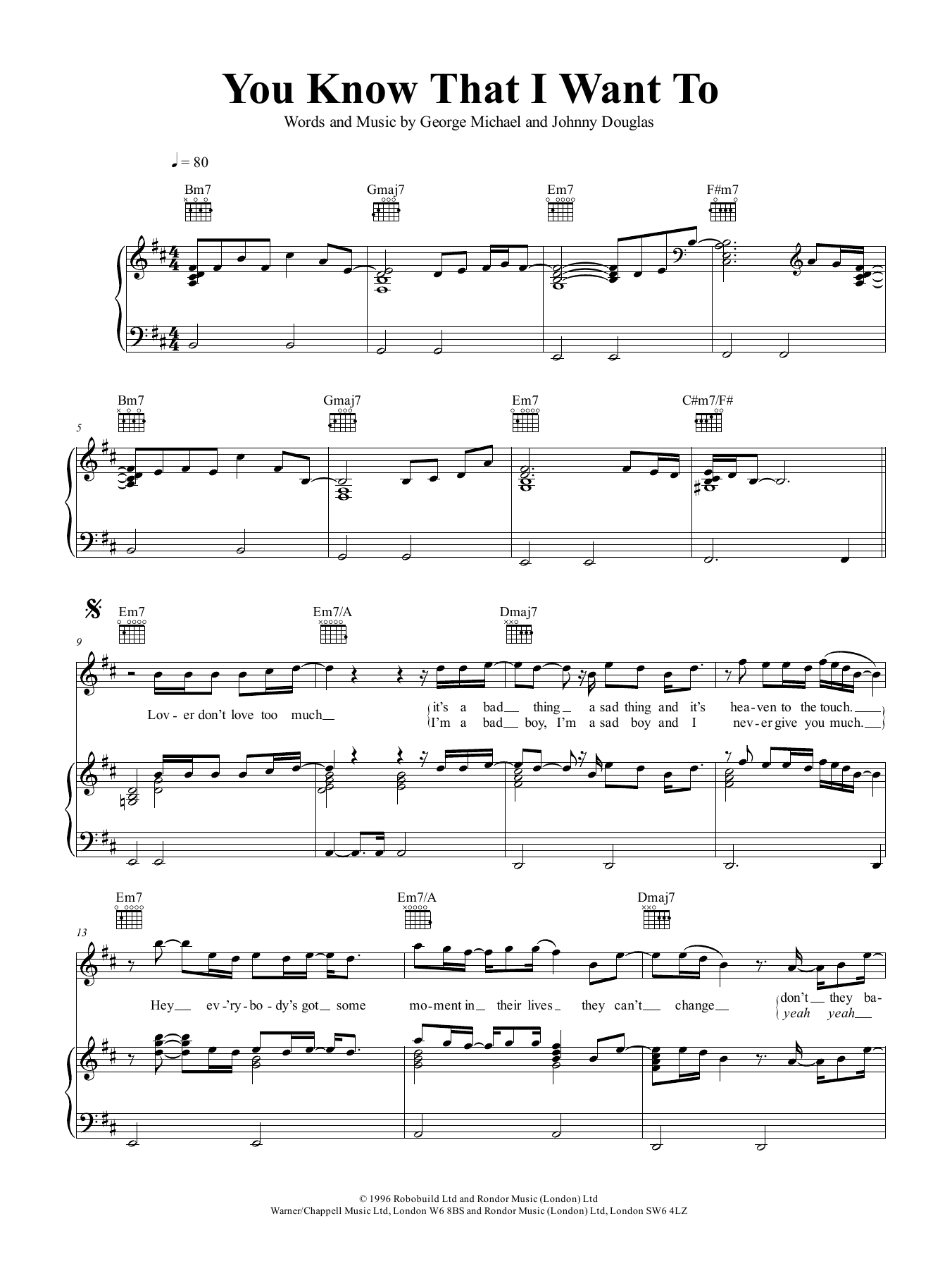 George Michael You Know That I Want To sheet music notes and chords arranged for Piano, Vocal & Guitar Chords (Right-Hand Melody)