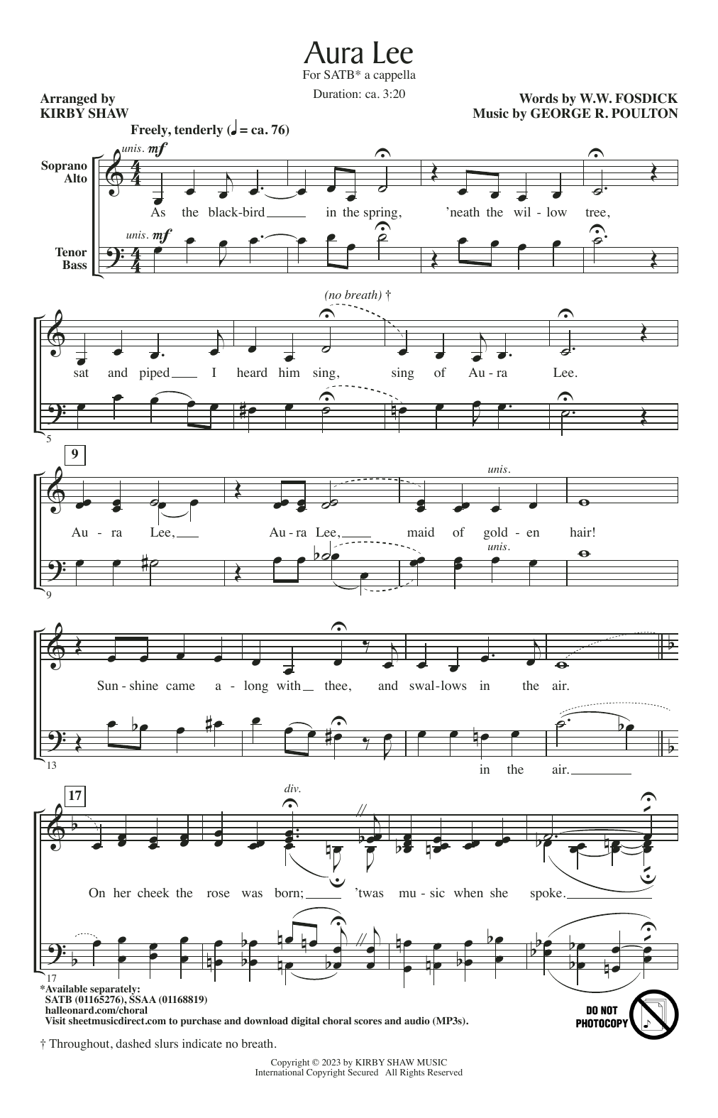George R. Poulton Aura Lee (arr. Kirby Shaw) sheet music notes and chords arranged for SSAA Choir