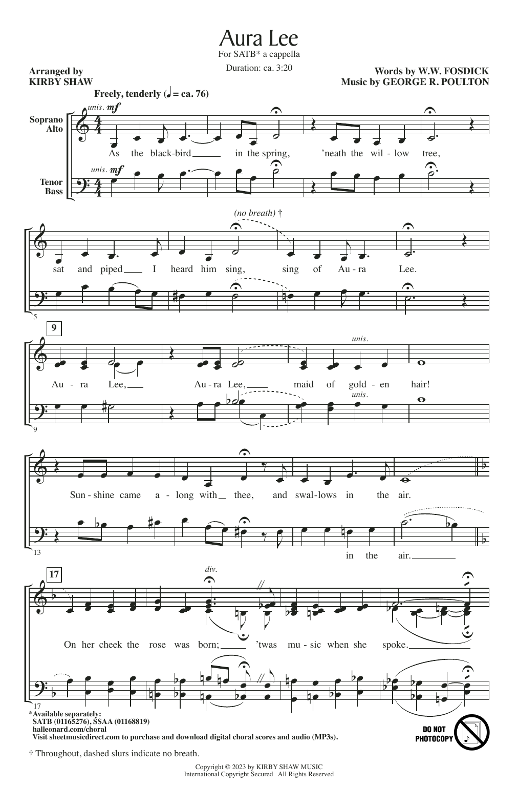 George R. Poulton Aura Lee (arr. Kirby Shaw) sheet music notes and chords arranged for SATB Choir