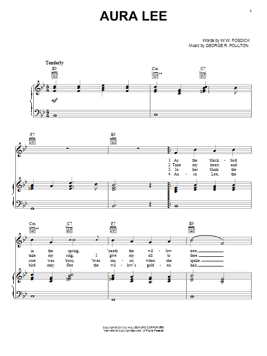 George R. Poulton Aura Lee sheet music notes and chords arranged for Piano, Vocal & Guitar Chords (Right-Hand Melody)