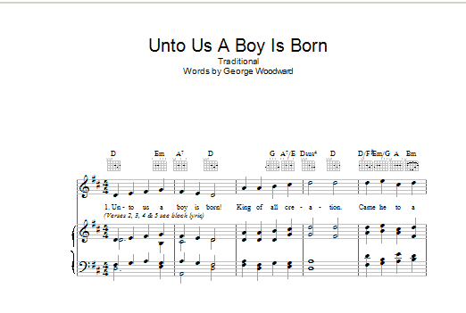 George R. Woodward Unto Us A Boy Is Born sheet music notes and chords arranged for Piano, Vocal & Guitar Chords