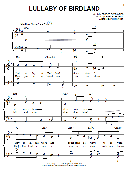 George Shearing Lullaby Of Birdland (arr. Phillip Keveren) sheet music notes and chords arranged for Easy Piano