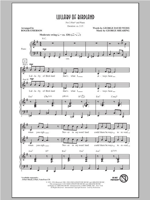 George Shearing Lullaby Of Birdland (arr. Roger Emerson) sheet music notes and chords arranged for 2-Part Choir