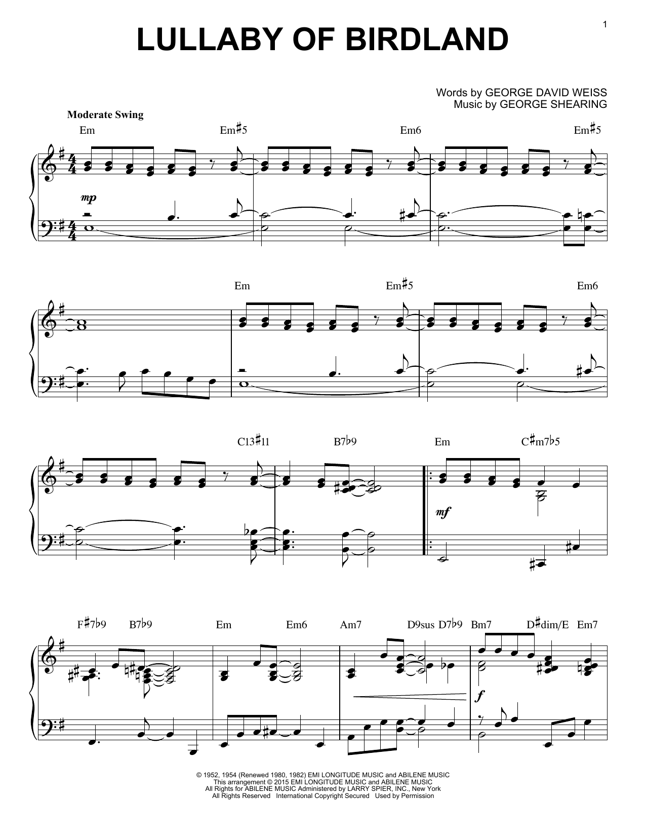 George Shearing Lullaby Of Birdland [Jazz version] (arr. Brent Edstrom) sheet music notes and chords arranged for Piano Solo