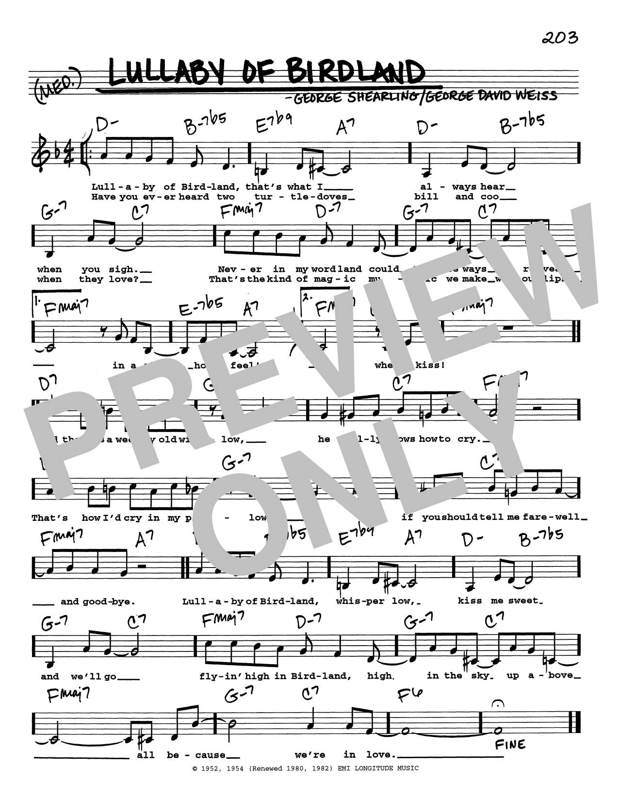 George Shearing Lullaby Of Birdland (Low Voice) sheet music notes and chords arranged for Real Book – Melody, Lyrics & Chords
