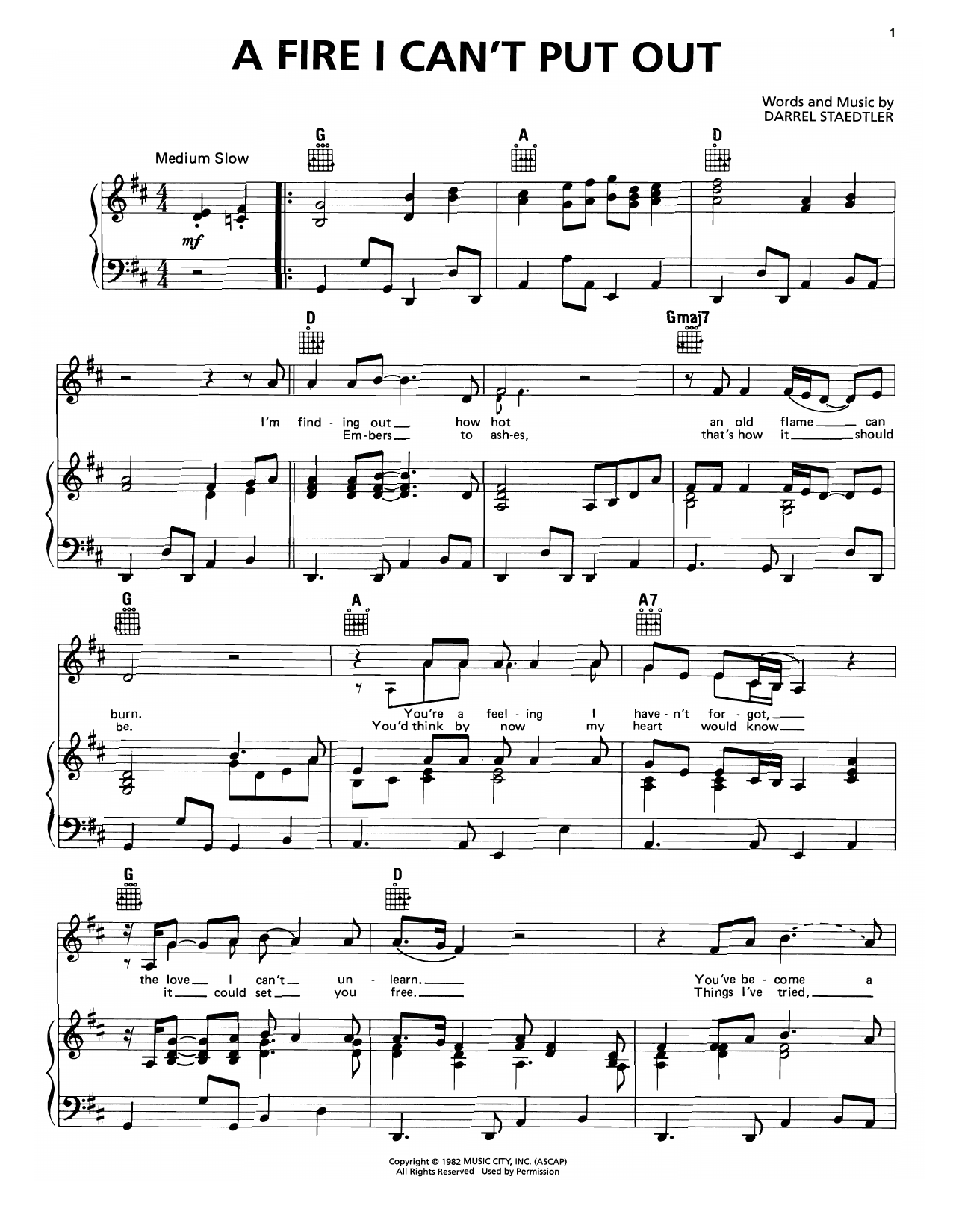 George Strait A Fire I Can't Put Out sheet music notes and chords arranged for Piano, Vocal & Guitar Chords (Right-Hand Melody)