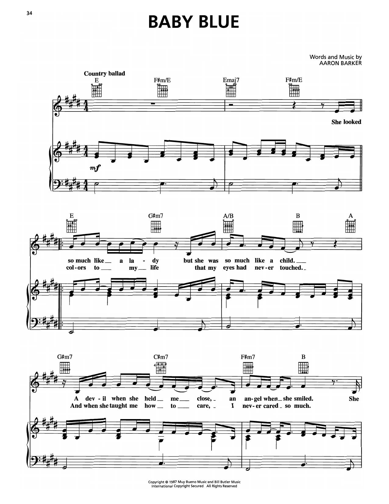 George Strait Baby Blue sheet music notes and chords arranged for Piano, Vocal & Guitar Chords (Right-Hand Melody)