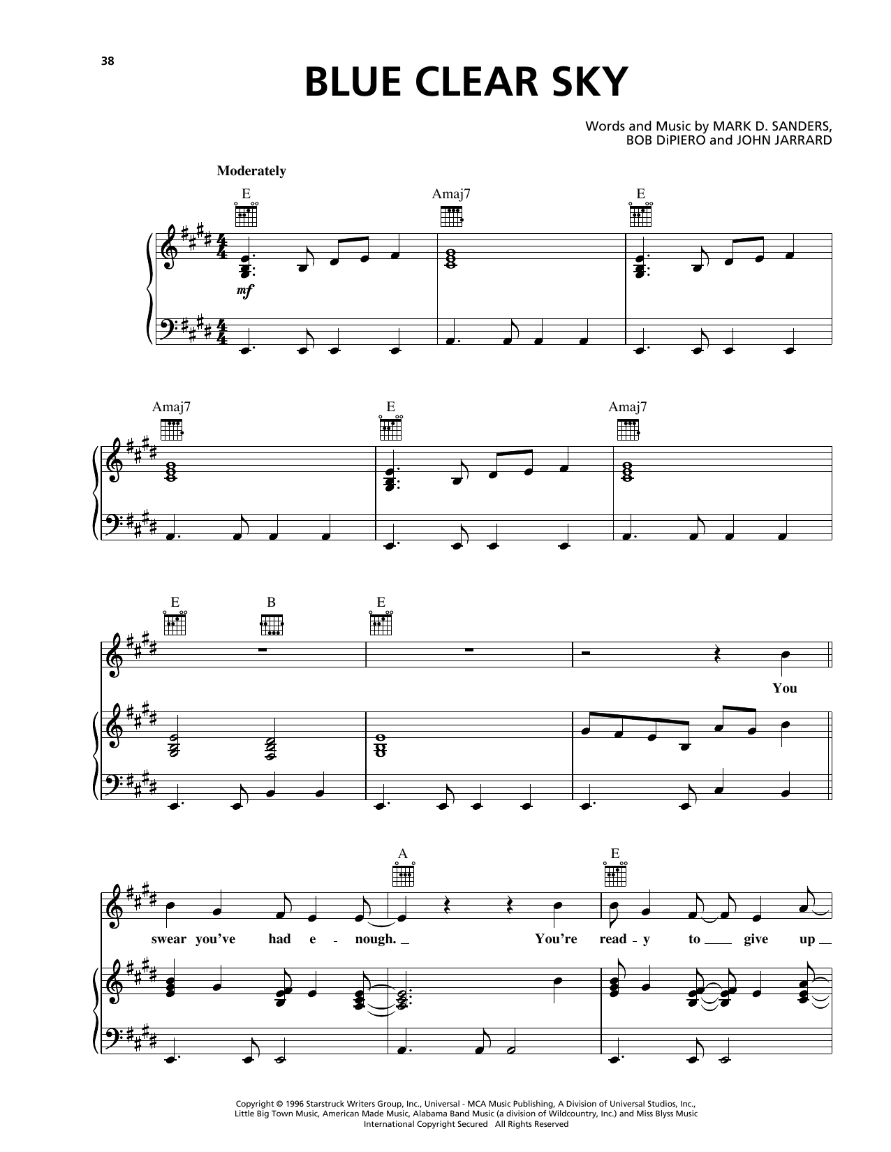 George Strait Blue Clear Sky sheet music notes and chords arranged for Piano, Vocal & Guitar Chords (Right-Hand Melody)