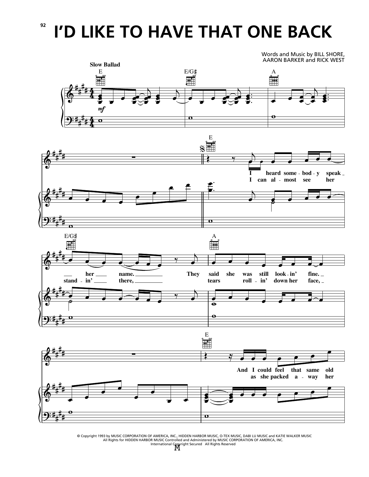 George Strait I'd Like To Have That One Back sheet music notes and chords arranged for Piano, Vocal & Guitar Chords (Right-Hand Melody)