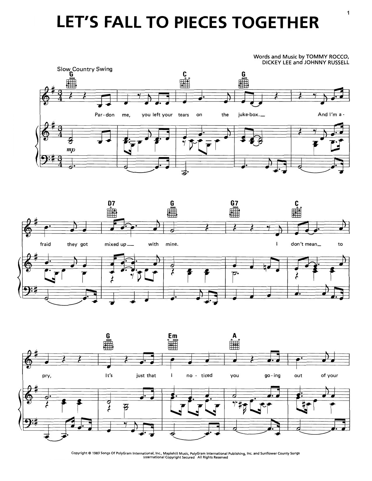 George Strait Let's Fall To Pieces Together sheet music notes and chords arranged for Piano, Vocal & Guitar Chords (Right-Hand Melody)