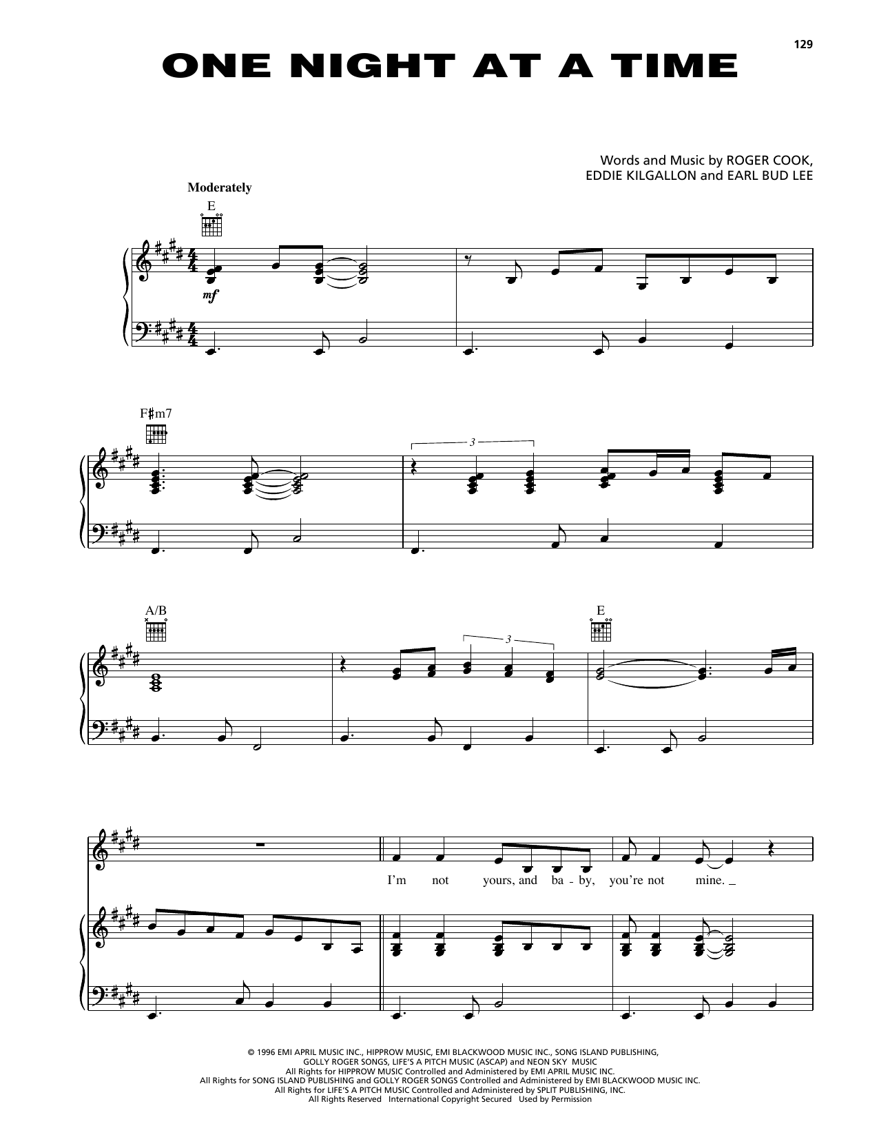 George Strait One Night At A Time sheet music notes and chords arranged for Piano, Vocal & Guitar Chords (Right-Hand Melody)
