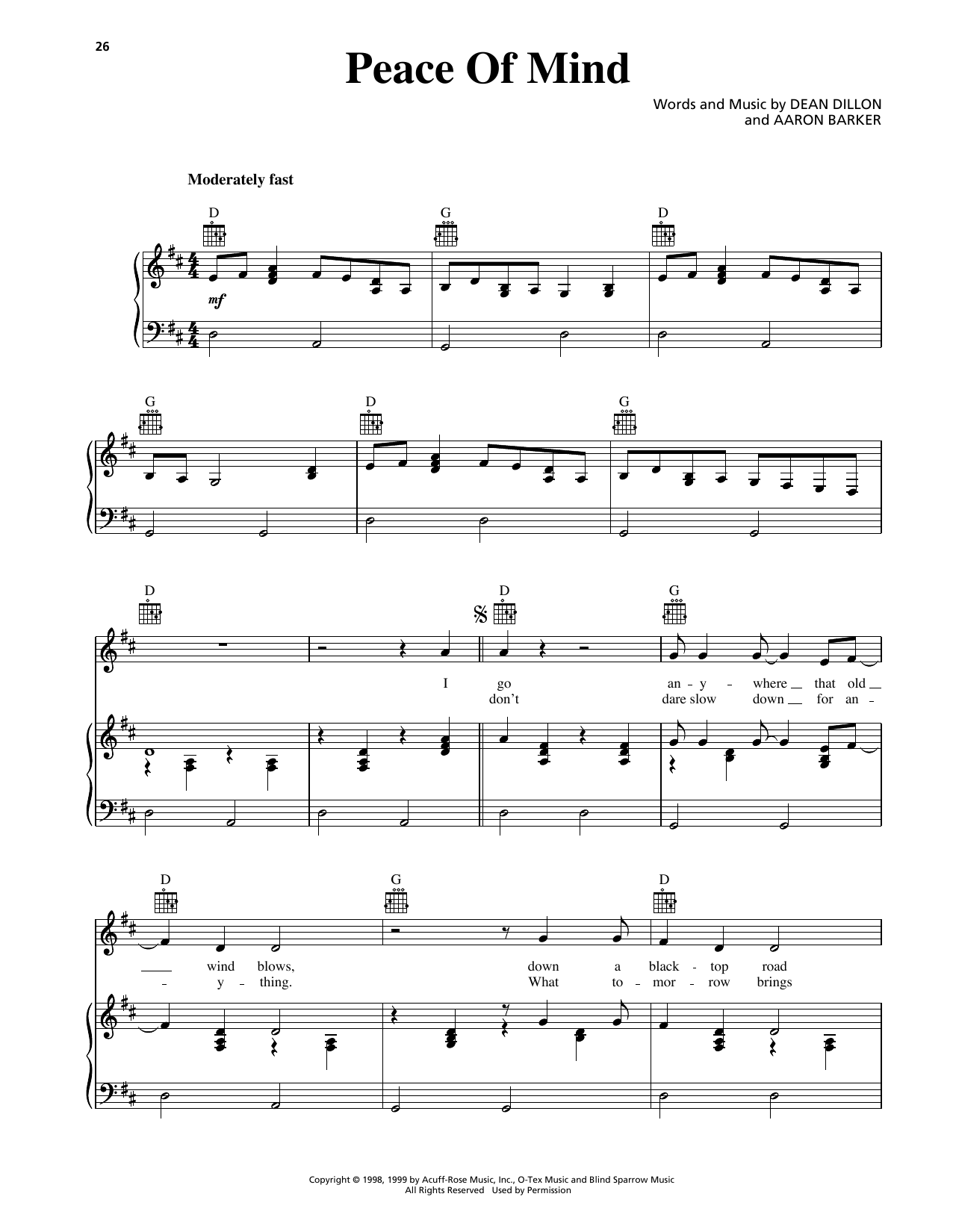 George Strait Peace Of Mind sheet music notes and chords arranged for Piano, Vocal & Guitar Chords (Right-Hand Melody)