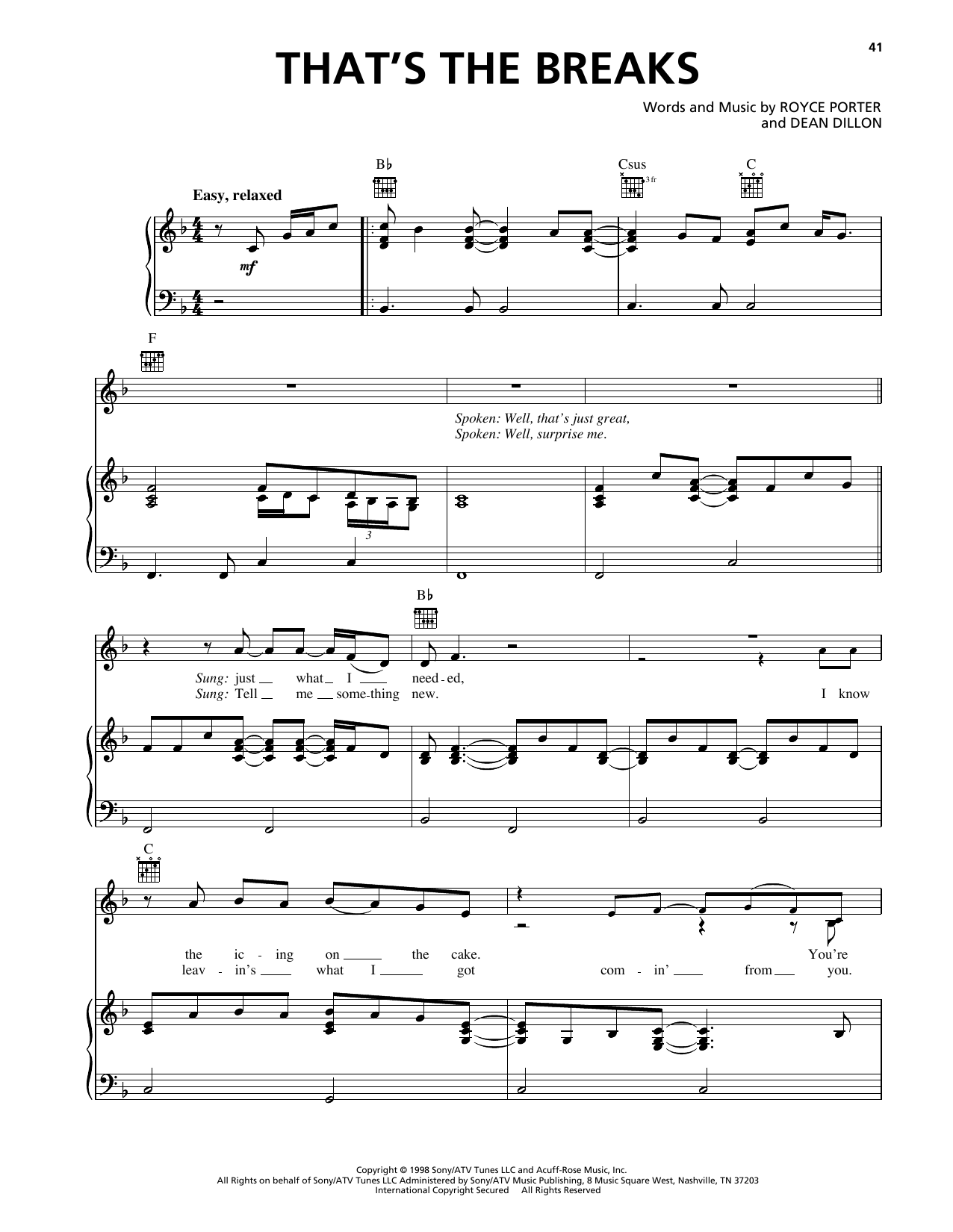 George Strait That's The Breaks sheet music notes and chords arranged for Piano, Vocal & Guitar Chords (Right-Hand Melody)