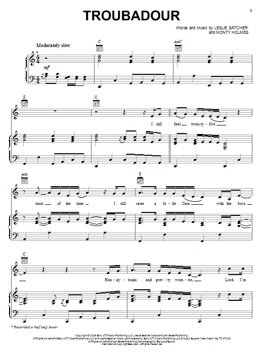 George Strait Troubadour sheet music notes and chords arranged for Piano, Vocal & Guitar Chords (Right-Hand Melody)