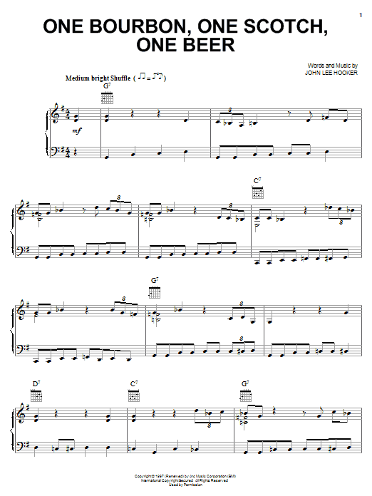 George Thorogood & The Destroyers One Bourbon, One Scotch, One Beer sheet music notes and chords arranged for Piano, Vocal & Guitar Chords (Right-Hand Melody)