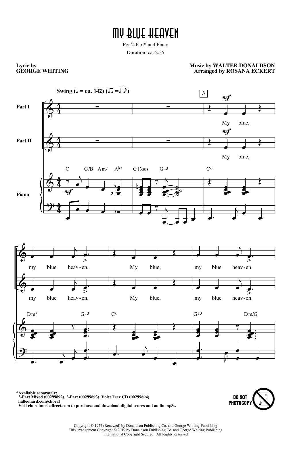 George Whiting and Walter Donaldson My Blue Heaven (arr. Rosana Eckert) sheet music notes and chords arranged for 2-Part Choir
