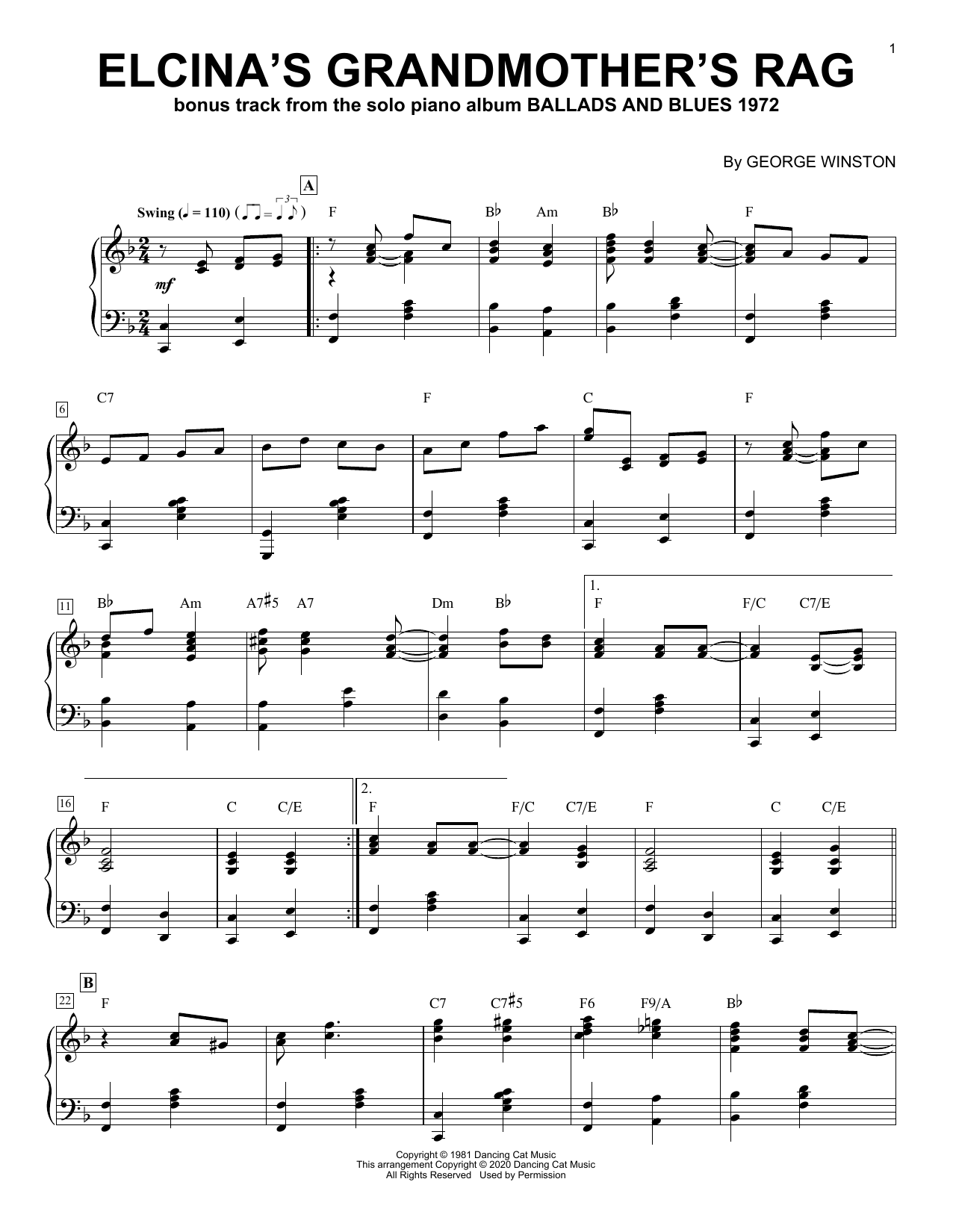 George Winston Elcina's Grandmother's Rag sheet music notes and chords arranged for Piano Solo