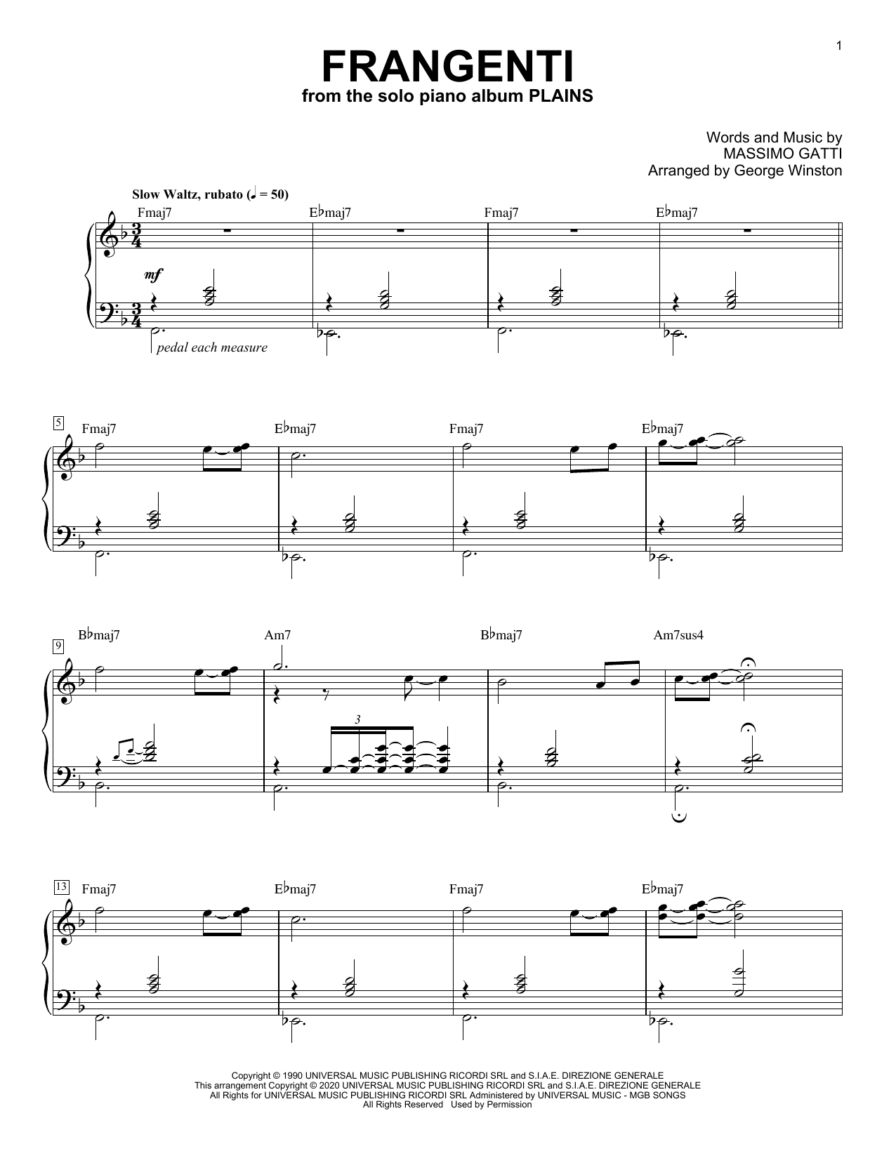 George Winston Frangenti sheet music notes and chords arranged for Piano Solo