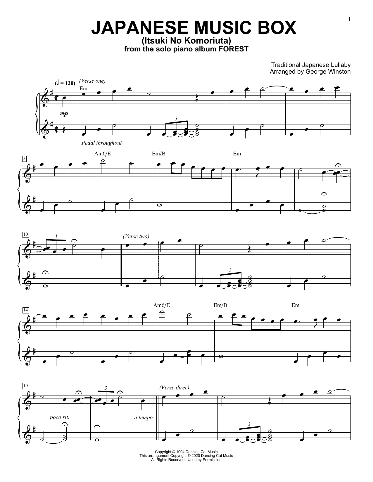 George Winston Japanese Music Box (Itsuki No Komoriuta) sheet music notes and chords arranged for Piano Solo